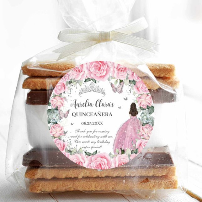 Chic Pink Floral Princess Silver Quinceañera XV Classic Round Sticker (Creator Uploaded)