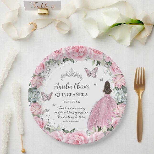 Chic Pink Floral Princess Silver Quinceañera XV Paper Plate (Wedding)