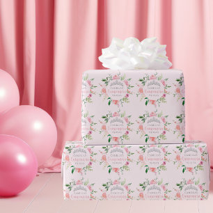 Chic Pink Floral Quinceañera Silver Tiara Birthday Wrapping Paper
