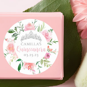 Chic Pink Floral Quinceañera Silver Tiara Party Classic Round Sticker