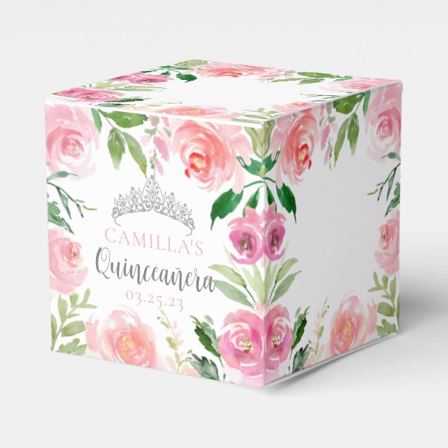 Chic Pink Floral Quinceañera Silver Tiara Party Favour Box (Front Side)