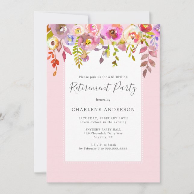 Chic pink floral retirement party invitation (Front)