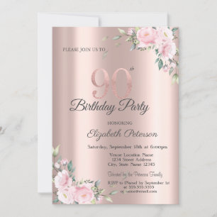 Chic Pink Floral Rose Gold 90th Birthday Party Invitation