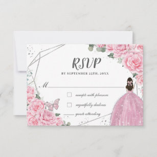 Chic Pink Floral Roses Silver Quinceañera Princess RSVP Card