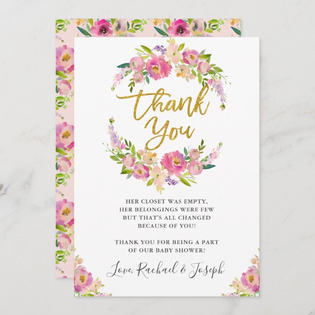 Chic Pink Floral Script Baby Shower Thank You Card (Front/Back)
