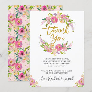 Chic Pink Floral Script Baby Shower Thank You Card