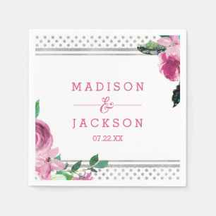 Chic Pink Floral & Silver Dots Monogram Wedding Napkin
