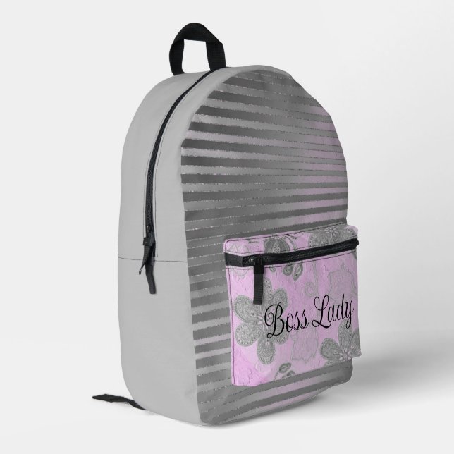 Chic Pink Floral Silver Stripes "Boss Lady"  Printed Backpack (Back Corner Left)