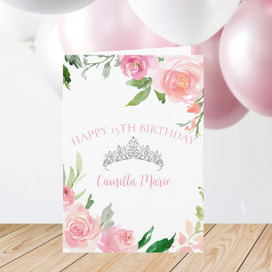 Chic Pink Floral Silver Tiara Quinceañera Birthday Card