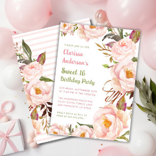 Chic Pink Floral Sweet 16 Birthday  Invitation