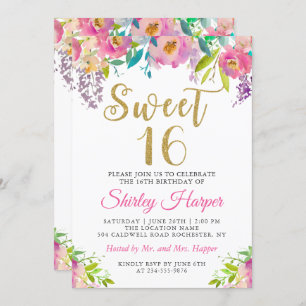 Chic Pink Floral Sweet Sixteen 16 Birthday Photo Invitation