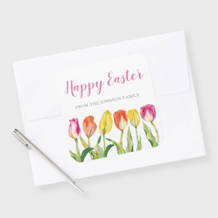 Chic Pink Floral Tulips Happy Easter Square Sticker