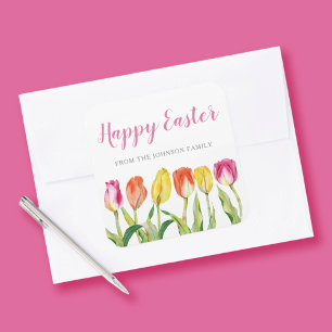 Chic Pink Floral Tulips Happy Easter  Square Sticker