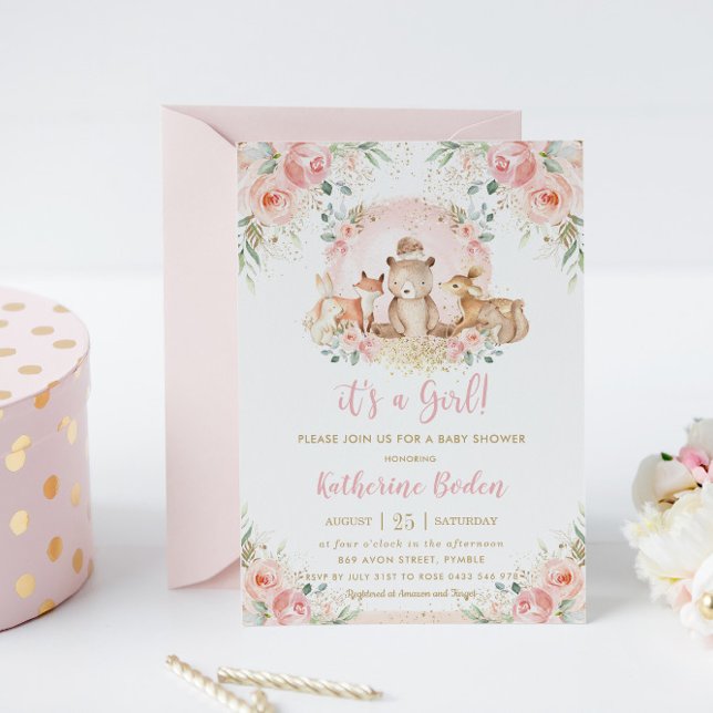 Chic Pink Floral Woodland Animals Girl Baby Shower Invitation (Creator Uploaded)