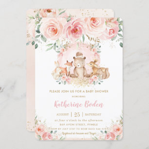 Chic Pink Floral Woodland Animals Girl Baby Shower Invitation