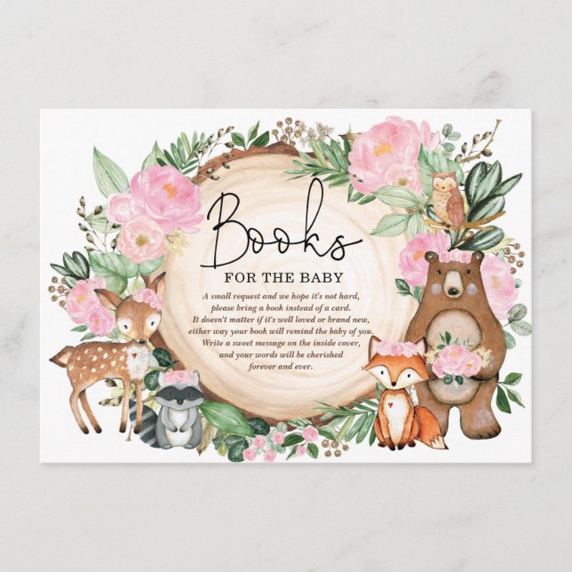 Chic Pink Floral Woodland Greenery Books for Baby Enclosure Card (Front)