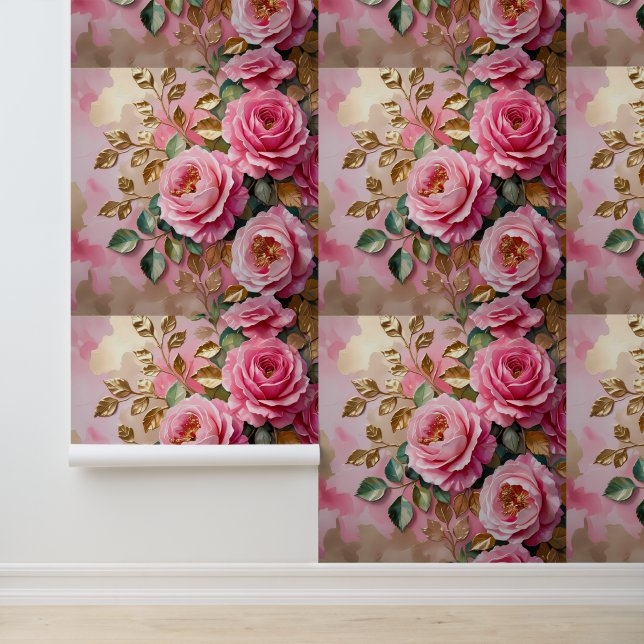Chic Pink Flower Gold Accent Wallpaper (Application)