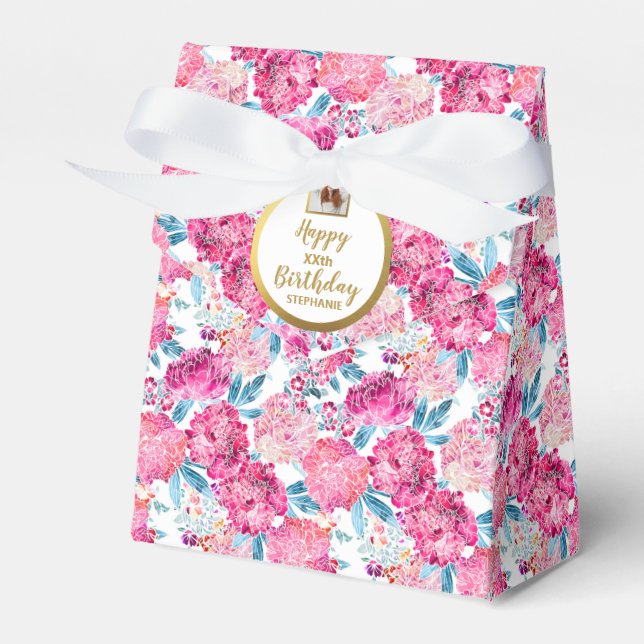 Chic Pink Flowers, Custom Photo, Birthday Party Favour Box (Front Side)