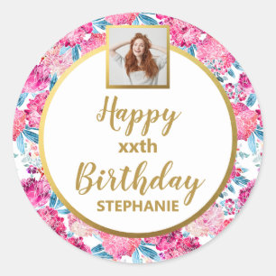 Chic Pink Flowers, Custom Photo, Happy Birthday Classic Round Sticker