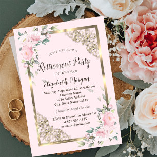 Chic Pink Flowers Gold Frame Retirement Invitation