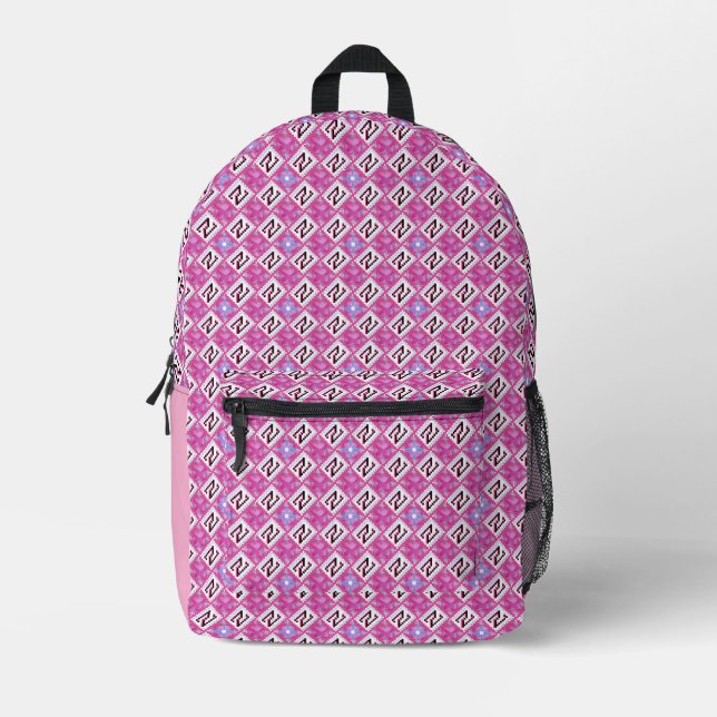 Chic Pink Geometric Alphabet N Initial Printed Backpack (Front)