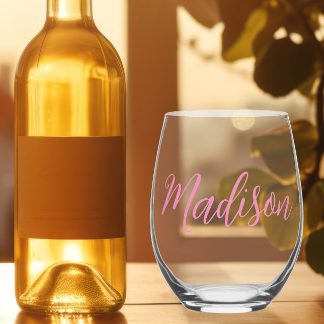 Chic Pink Girls Name Personalised Stemless Wine Glass (Creator Uploaded)