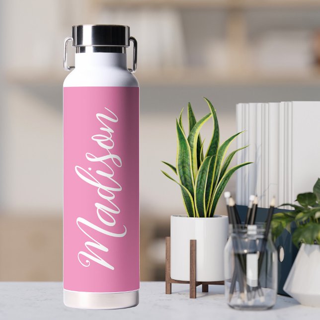 Chic Pink Girls Name White Script Personalised Water Bottle (Creator Uploaded)