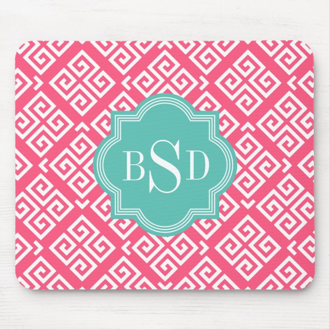 Chic pink girly greek key patterns monogram mouse pad (Front)