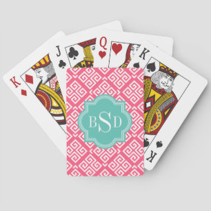 Chic pink girly greek key patterns monogram playing cards