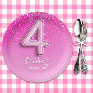 Chic Pink Glitter Balloon 4th Birthday Party  Paper Plate