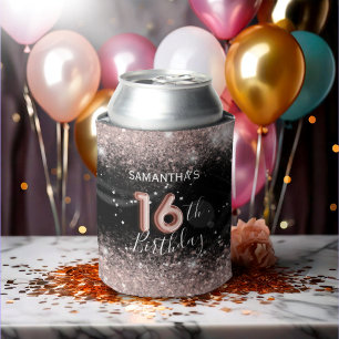 Chic Pink Glitter & Black 16th Birthday  Can Cooler