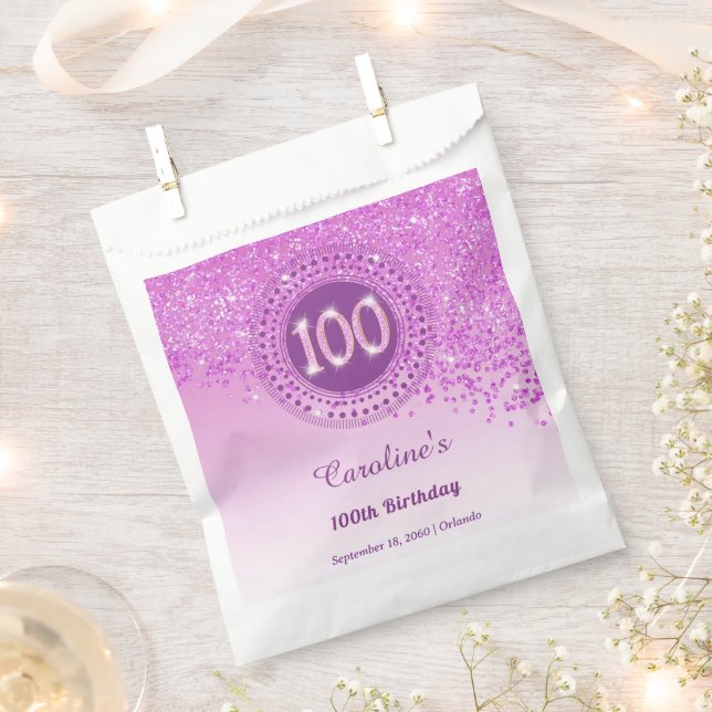Chic Pink Glitter & Dotted Frame 100th Birthday Favour Bags (Clipped)