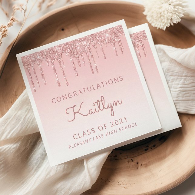 Chic Pink Glitter Drip Graduation Napkins (Creator Uploaded)