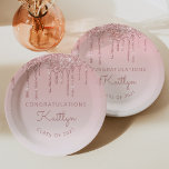 Chic Pink Glitter Drip Graduation Party Paper Plate<br><div class="desc">These chic,  elegant graduation party paper plates feature a sparkly pink faux glitter drip border and pink ombre background. Personalise them with the graduate's name in rose handwriting script,  with the word "Congratulations" above and the class year below in sans serif font. Ideal for high school or college graduation.</div>
