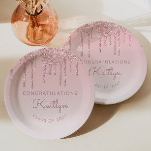 Chic Pink Glitter Drip Graduation Party Paper Plate