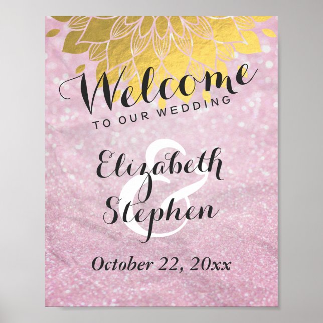 Chic Pink Glitter Gold Floral Wedding Sign Poster (Front)
