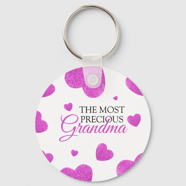 Chic Pink Glitter Hearts Grandma Key Ring (Front)