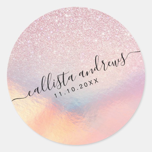 Chic Pink Glitter Iridescent Holographic Gradient Classic Round Sticker (Front)