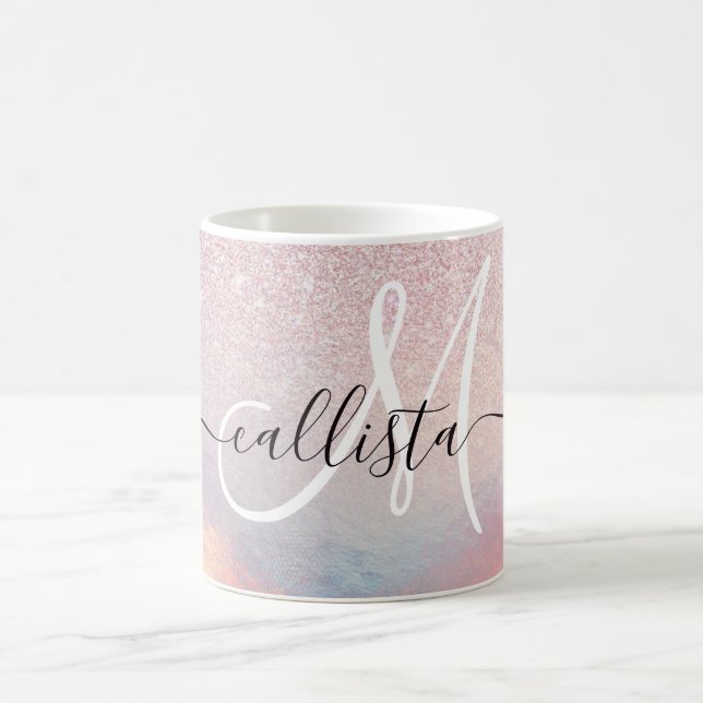 Chic Pink Glitter Iridescent Holographic Gradient Coffee Mug (Center)