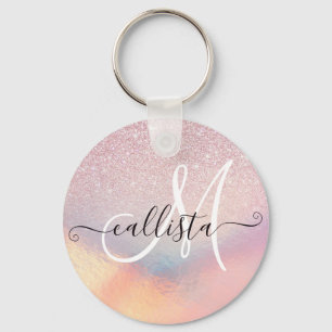 Chic Pink Glitter Iridescent Holographic Gradient Key Ring