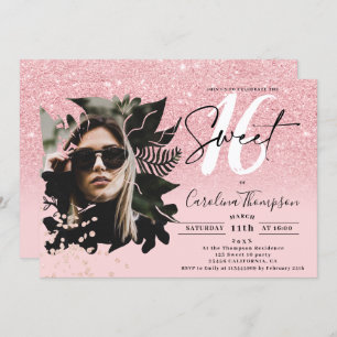 Chic pink glitter ombre floral photo Sweet 16 Invitation