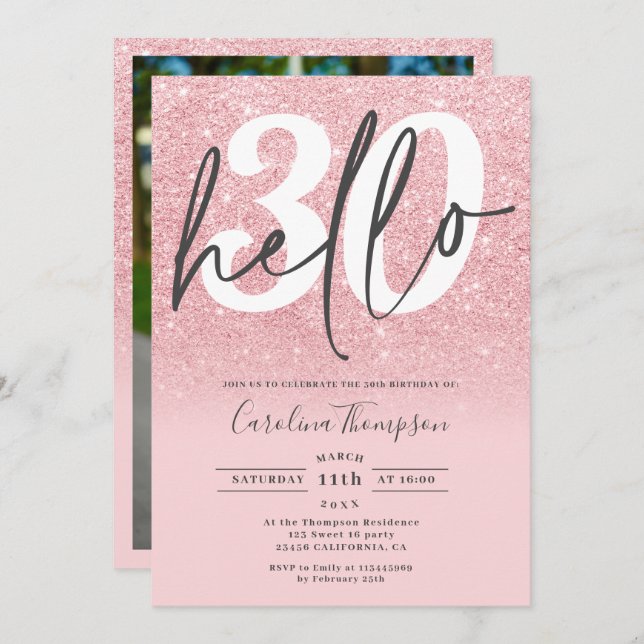 Chic pink glitter ombre gradient  photo hello 30 invitation (Front/Back)