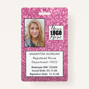 Chic Pink Glitter Photo Logo Employee ID ID Badge