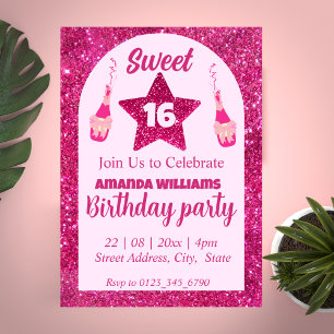  Chic Pink Glitter Sweet 16 Birthday Invitations 