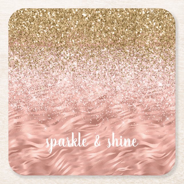 Chic Pink Glitz Zebra Print Square Paper Coaster (Front)