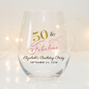 Chic Pink Gold 50th Birthday Party Favour Stemless Wine Glass