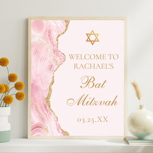 Chic Pink Gold Agate Bat Mitzvah Custom Party Poster (Creator Uploaded)