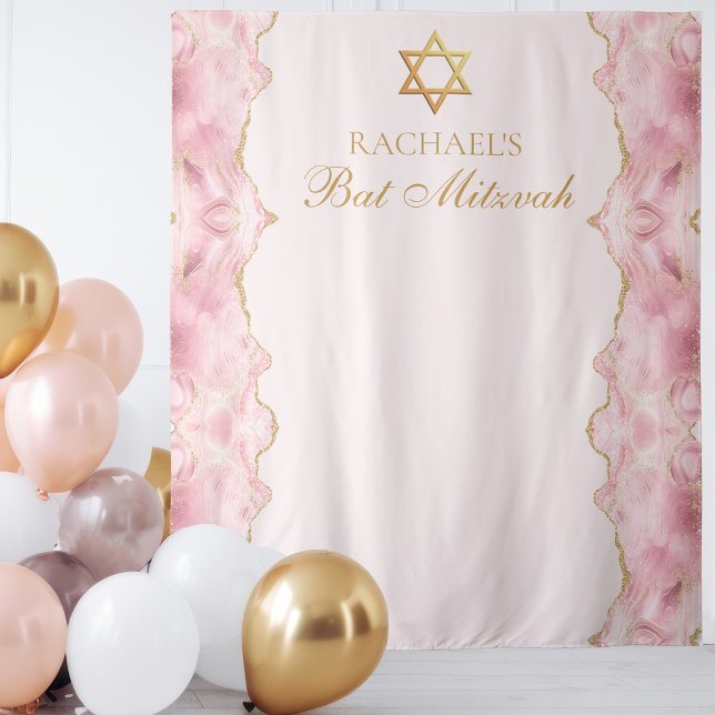 Chic Pink Gold Agate Bat Mitzvah Custom Party Tapestry (Creator Uploaded)