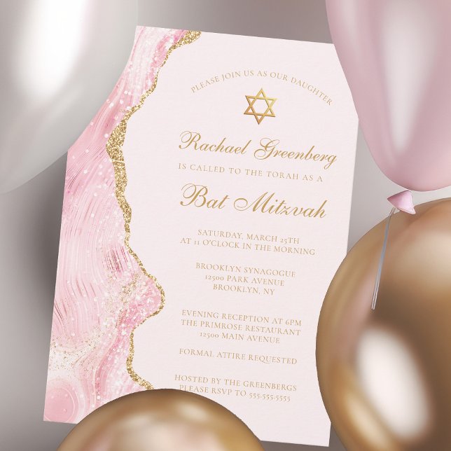 Chic Pink Gold Agate Bat Mitzvah Party Custom Invitation (Creator Uploaded)