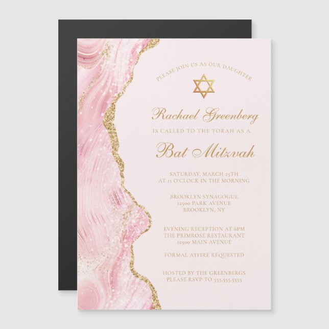 Chic Pink Gold Agate Bat Mitzvah Party Custom Magnetic Invitation (Front/Back)
